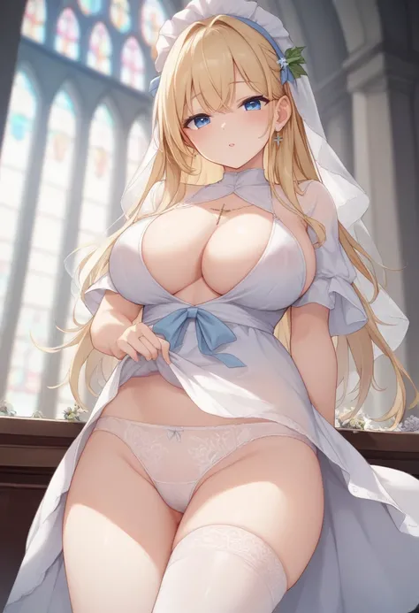  girl、Clergy、blonde hair、Blue Eyes、see-through panties、church、blush、 cleavage、 sexy