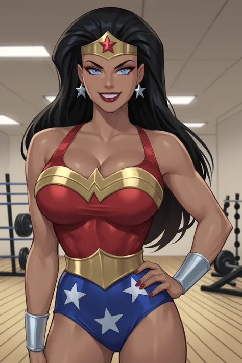 PonyXLV6_Scores BREAK ((parody), perfect anatomy, perfect eyes, cowboy shot), BREAK diana prince, long hair, black hair, blue eyes, dark red lipstick, dark-skinned female, ((looking at viewer)), bare shoulders, cleavage, scarlet red wrestling singlet, star...