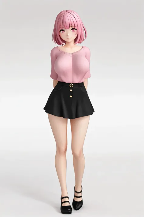 female, cute, sexy, white background, standing up straight, wearing a chocker, short pink hair, pink eyes, wearing casual clothes, medium size breasts, front bangs, smile, 4k, high render, 3d model, front profile