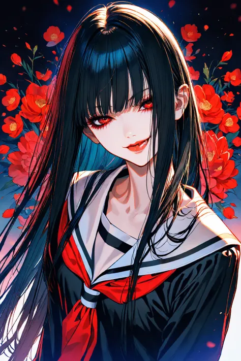 masterpiece, best quality, ultra detailed. 1girl, solo. {{enma ai}}, {{jigoku shoujo }}, naughty face. black serafuku, long hair, black hair.