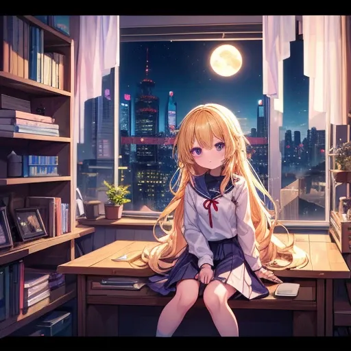 A stunning cyberpunk-style anime illustration of a beautiful blonde girl with long, wavy hair sitting on a wooden desk in a cozy high-rise apartment. She wears a traditional Japanese school uniform with a blue blouse and a red ribbon. Behind her, a large w...