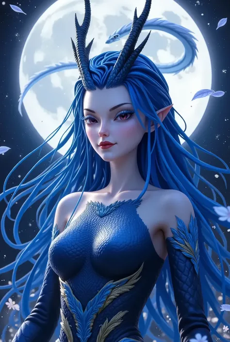 A woman with blue hair and a dragon tail stands in front of a full moon,  Airbrush Paintings Inspired by Anne Stokes,  Artstation Contest Winners ,  fantastic art , Blue Elf, Legend of Mysterious Creatures ,  Extremely Fine Artgerm Style , amazing  fantast...