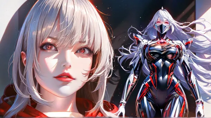 AI samurai woman with cyberbody, with grey details, hoody, very tall, with thick thighs, wide hips, long legs, and a slender waist. Dark red glowing eyes, Long flowing white hair. Nothing in her hand. A melancholy expression, Alluring, looking directly at ...