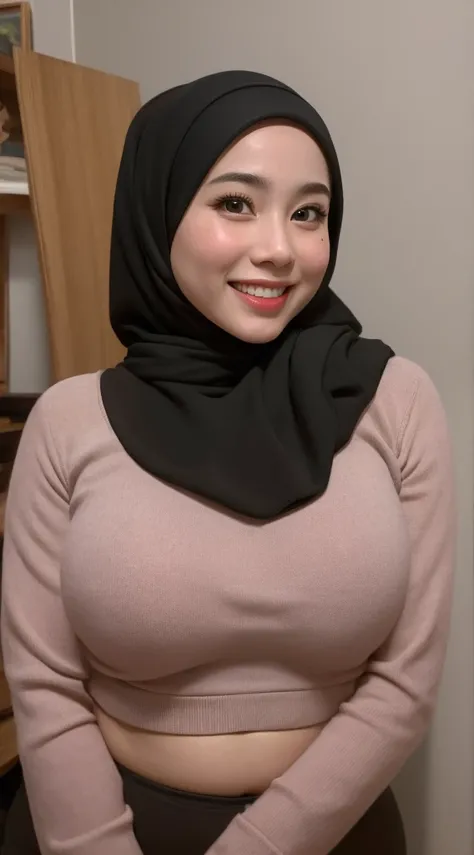 (iu:0.8), ,  best quality,   high resolution  ,  is a great painting: 1.3, , plump Malaysian women wearing beautiful hijab ,big eyes, perfect nose,  perfect body for a fat ,  wearing a sports bra, Big and huge breasts ,  is a great painting,  teeth smile .