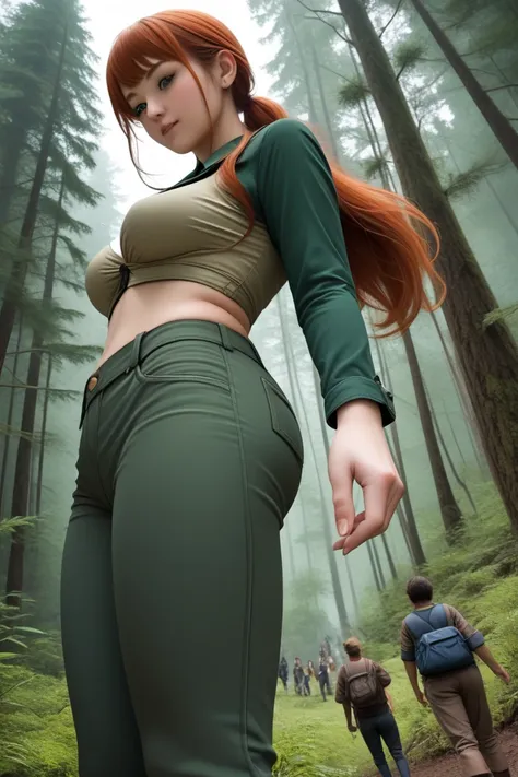 female Mysterious Forest Giant, wearing pants costume, many people around the giant, side view from below