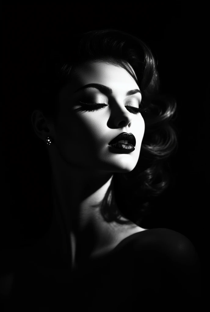 ArsMovieStill, 50s noir leather slide ,   The image is a black-and-white image of a woman's face. Gorgeous Hispanics .  The woman's eyes are asleep and her expression is removed  .  She has long dark eyelashes and applies intense dark lipstick .   The comp...