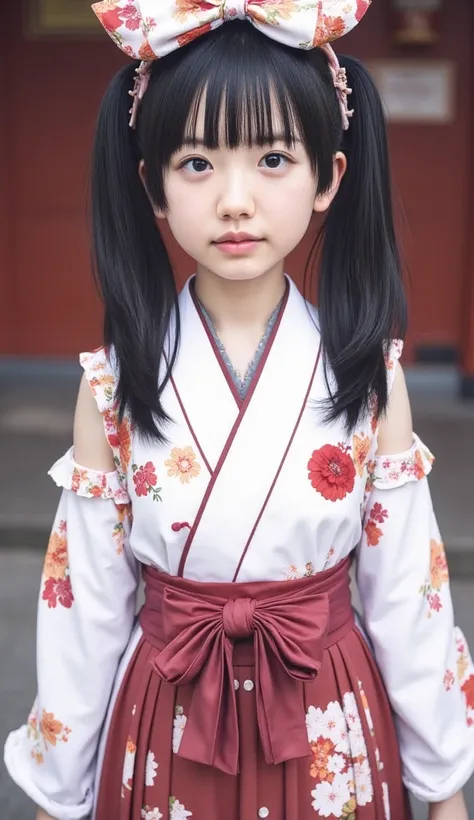 ((( Japanese Shrines and Temples background,)))
(((1japanese Young girl)))
(((Shrine Maiden Costume:1)))
(((smile:0.5)))
(((pregnant:0)))
(((Double Peace)))
(((large Breasts:0.9)))
(((Black hair twin tails)))
((((Stand with good posture and face forward)))...