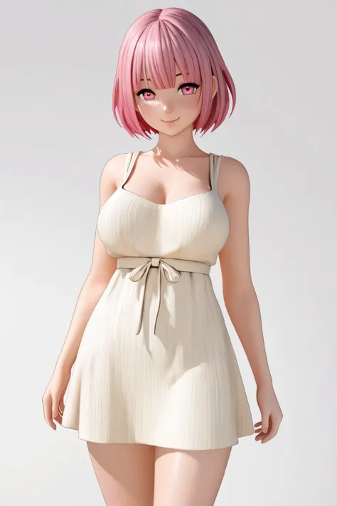 female, cute, sexy, white background, standing up straight, wearing a chocker, short hair, pink hair, pink eyes, wearing casual clothes, medium size breasts, front bangs, smile, 4k, high render, 3d model, front profile, close up