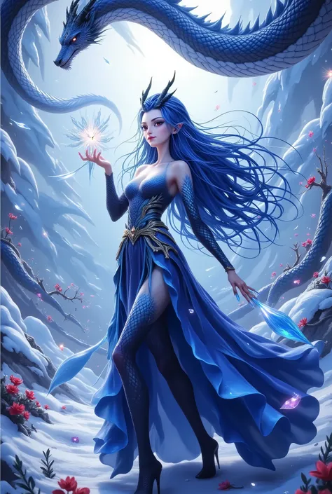 Noble and Elegant Dragon Princess,She will freeze magic, red eyes,Blue eyelashes,dragon horn。Prefer blue clothes。Dragon in the air。crystal darts,Examples of luminescence, ray tracing,Motion Capture。 Disney-style ,The AI model,Blue Elf, Detailed Fantasy A...