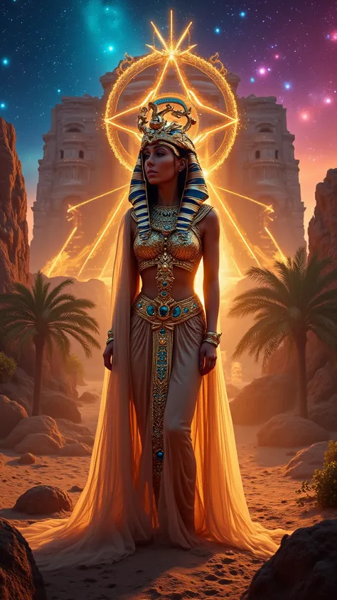 "An ethereal, hyper-detailed cinematic masterpiece of a majestic Egyptian queen, her radiant Egyptian Arabic skin glowing with a divine warmth, crowned in intricate hieroglyphic gold that pulses with celestial energy. She stands regally atop a levitating s...