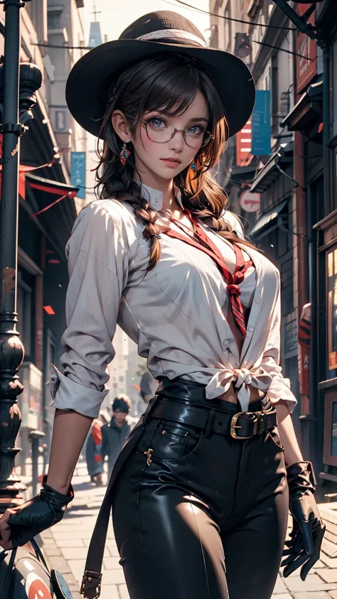  masterpiece,  High Quality CG, Anime,  Illustration of ,  top quality,  1 girl, Tied up, bondage,  beautiful face,  detailed face,  cowboy shot, Goblin,  1 girl, Alone,  Watch viewers,    black hair,  braided, glass,  black gloves, belt,   pants,  dark ey...