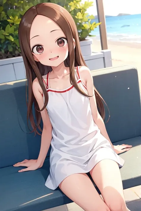 (takagi-san )
 upper body：white camisole
lower body：
 subject size ：Girl
background ：seafront
time ：daytime
expression ： smile
Posture ： time to sit
Other ：