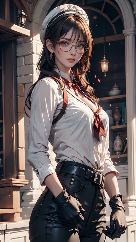  masterpiece,  High Quality CG, Anime,  Illustration of ,  top quality,  1 girl, Tied up, bondage,  beautiful face,  detailed face,  cowboy shot, Goblin,  1 girl, Alone,  Watch viewers,    black hair,  braided, glass,  black gloves, belt,   pants,  dark ey...