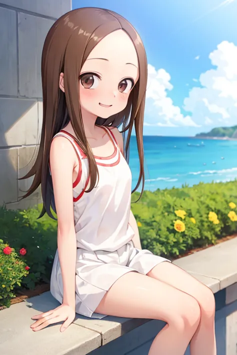 (takagi-san )
 upper body：white camisole
lower body：
 subject size ：Girl
background ：seafront
time ：daytime
expression ： smile
Posture ： time to sit
Other ：