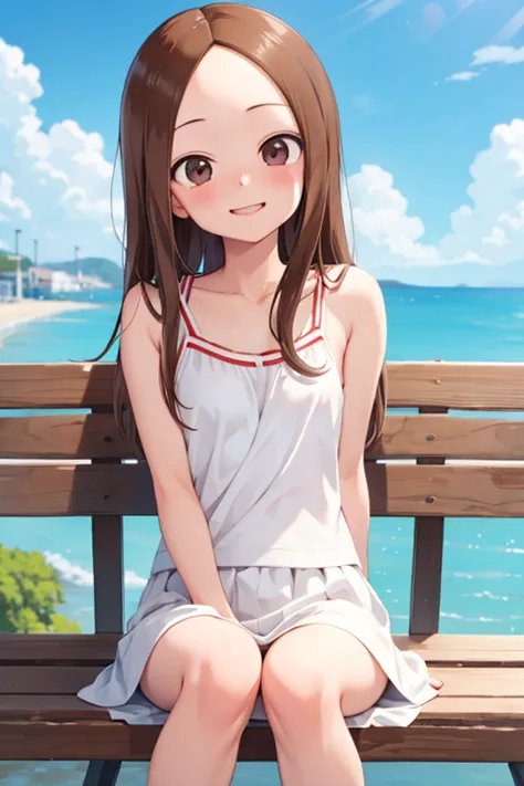 (takagi-san )
 upper body： white camisole
lower body：culottes
Subject size ：Girl
background ：seafront
time ：daytime
expression ： smile
Posture ： time to sit
Other ：