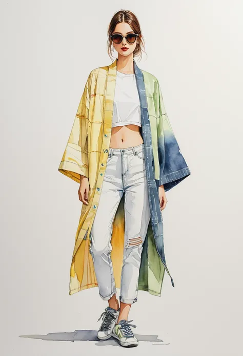 candid fashion illustration of young supermodels, tall and slender, wear a contemporary Tie-dye short Yukata Jacket with white t shirt and jean , made from mixed natural tie dye, combination of pastel green, yellow, indigo blue and pink. patchwork, Japanes...