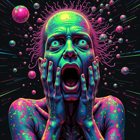 

"Generate a vibrant, psychedelic image of a figure overwhelmed by the digital age. The figure's face should be contorted in a mixture of confusion and sensory overload, with eyes darting in different directions. Replace the open mouth with a cascade of b...