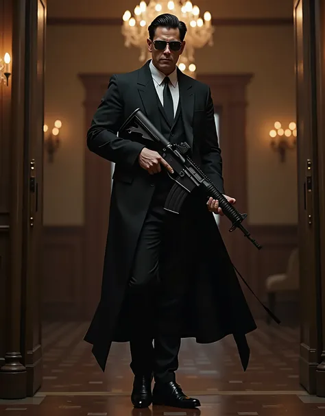 masterpiece, best quality, highres, highly detailed, 1man, black footwear, black hair, black jacket, black necktie, black pants, black suit, formal, full body, gun, holding, holding gun, jacket, male focus, m16 rifle, mansion, necktie, night, pants, secret...