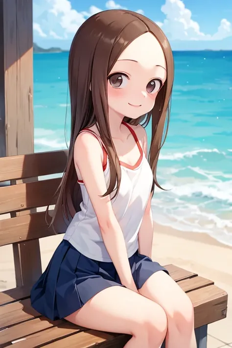 (takagi-san )
 upper body：white camisole
lower body：navy blue miniskirt
Subject size：Girl
background ：seafront
time ：daytime
expression ： smile
Posture ： time to sit
Other ：