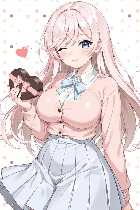 masterpiece, best quality, UHD, anime, cowboy shot, 1girl, (wink), blushed cheek, pink hair, long hair, curvy hair, ribbon hair, pink cardigan, buttoned cardigan, long sleeve, white collar shirt tuck in, ribbon collar, medium breasts, round breasts, holdin...