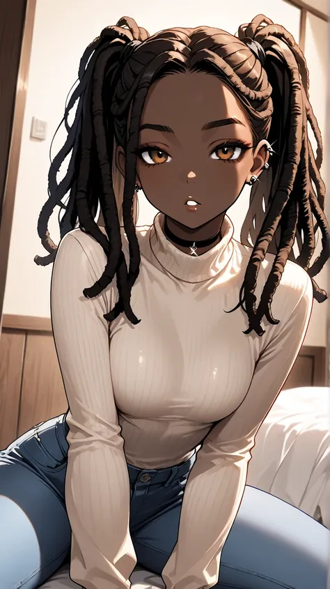 1Girl, Mature, Ebony, African American, Dark Brown Skin, Jet Black Thin Dreadlocks, Medium Straight Dreadlocks In Twintails, Shiny Hair, Bright Brown Eyes, Black Nails, Dark Brown Eye Shadow, Medium Chest, White Baggy Cropped Long-Sleeve Turtleneck, Tight ...