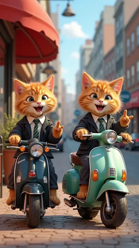  A group of gangster kittens , standing like people ,   in school uniforms, ,  everyone is sitting on their parked scooters in front of a cafe.   Kittens laughing and pointing to something in front of them  .   The scene is seen from the front  .   The bac...