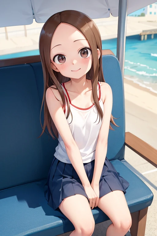 (takagi-san )
 upper body：white camisole
lower body：navy blue miniskirt
Subject size：Girl
background ：seafront
time ：daytime
expression ： smile
Posture ： time to sit
Other ：