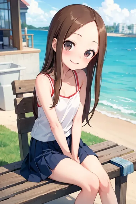 (takagi-san )
 upper body：white camisole
lower body：navy blue miniskirt
Subject size：Girl
background ：seafront
time ：daytime
expression ： smile
Posture ： time to sit
Other ：