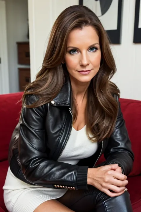 Barbara Sukowa, milf, face portrait, long hair, wearing leather jacket over sweater, cozy home