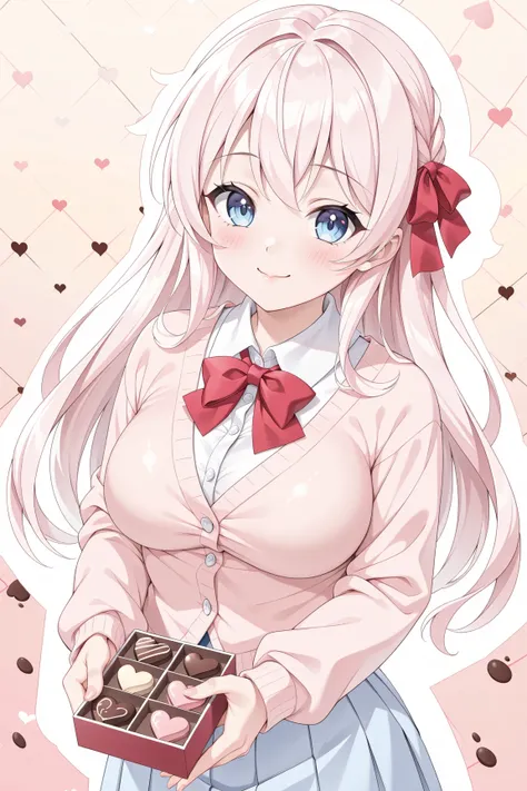 masterpiece, best quality, UHD, anime, cowboy shot, 1girl, (wink), blushed cheek, pink hair, long hair, curvy hair, ribbon hair, pink cardigan, buttoned cardigan, long sleeve, white collar shirt tuck in, ribbon collar, medium breasts, round breasts, holdin...