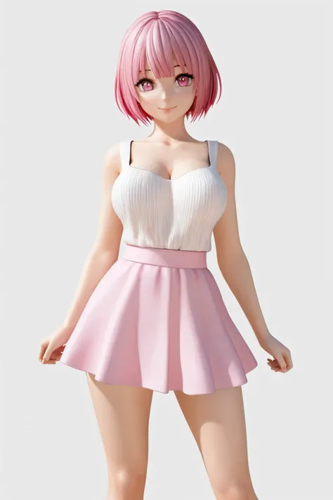 female, cute, sexy, white background, standing up straight, wearing a chocker, short hair, pink hair, pink eyes, wearing casual top, wearing casual mini skirt, medium size breasts, front bangs, smile, 4k, high render, 3d model, front profile, close up