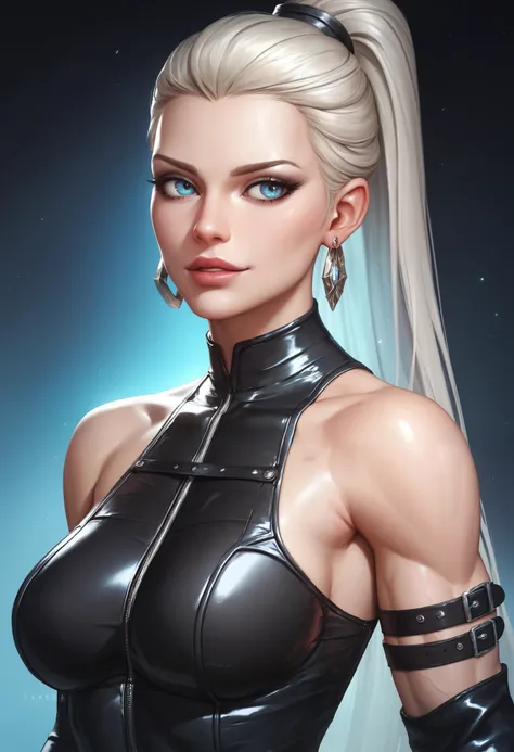 female black sleeveless latex bodysuit, black belt, racerback, bare shoulders, long gloves, black gloves, toned arms, beautiful faces, black ponytail with showing forehead, long ponytail, earrings, soft smooth skin, pale skin, black background, blue eyes, ...