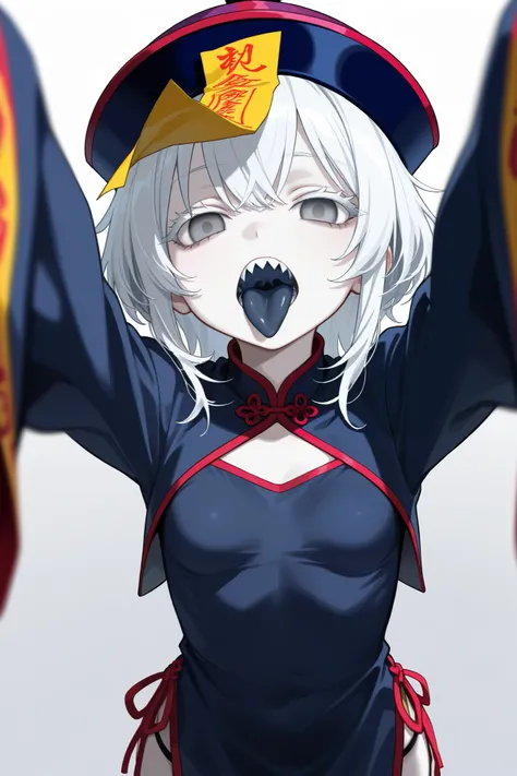 Chinese clothes, detatched sleeves, hat, jiangshi, long sleeves, sleeves past fingers, very long sleeves, ofuda, qingdai guanmao, white hair, pale skin, dark blue tongue, white eyelashes, grey eyes, empty eyes, sharp teeth, tongue out, big mouth, mouth ope...