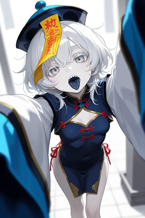 Chinese clothes, detatched sleeves, bare shoulers, hat, jiangshi, long sleeves, sleeves past fingers, very long sleeves, white sleeves, ofuda, qingdai guanmao, white hair, pale skin, dark blue tongue, white eyelashes, grey eyes, sharp teeth, tongue out, bi...