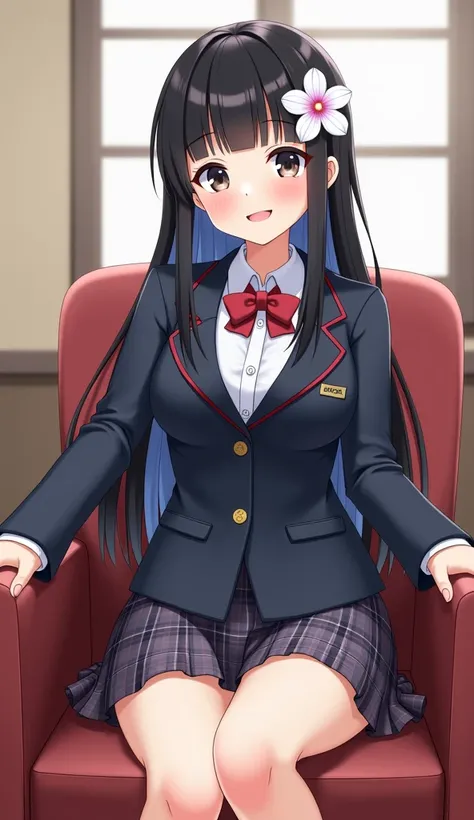   girl,   big breasted,   blazer、  check skirt、  background school 、 One-handed chair  、  long hair,  black hair flower , bangs,  Lantern/  light blue hair ,  smile, Canon,  reverse replacement ,  smiles,  open your mouth slightly, 