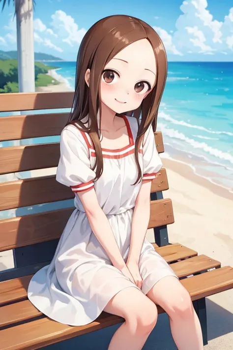 (takagi-san )
 upper body：white dress
lower body：
 subject size ：Girl
background ：seafront
time ：daytime
expression ： smile
Posture ： time to sit
Other ：