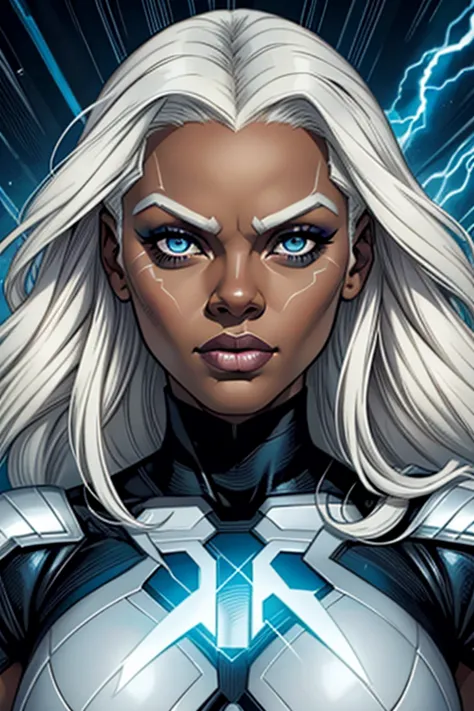 Yetide Badaki as Marvel Comics' Ororo Munroe AKA Storm of the X-Men. Storm wears a black-and-white X-Men suit with a cape. Storm has lovely makeup on her face. Symmetrical eyes. Symmetrical face. Excellent details. Full-colored. Highly detailed 8K.