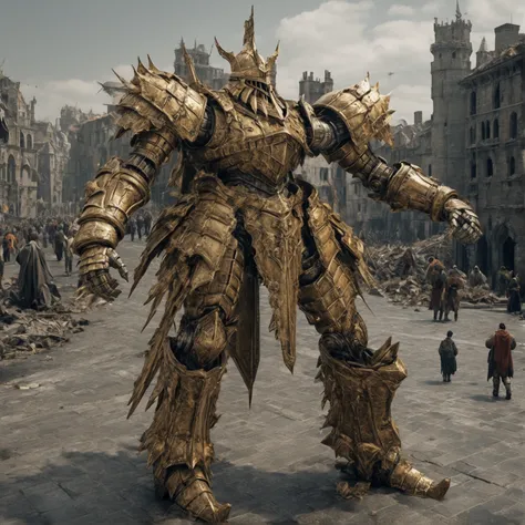 A colossal knight clad in full golden armor towers over a medieval city, crushing and destroying the buildings beneath his massive feet. The overwhelming presence of the knight and his destructive power dominate the scene, as chaos unfolds in the devastate...