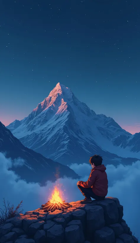 A Alone Boy Sitting With Campfire On The Top Of Snow Mountain Rock , Clouds Under The Mountain, Full Sky Stars , Back Side Image, Anime 18 Year Boy, Top Of Snow Mountain, 4k Quality Masterpiece Image, Dark Night, 