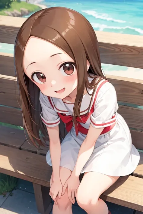 (takagi-san )
 upper body：white dress
lower body：
 subject size ：Girl
background ：seafront
time ：daytime
expression ： smile
Posture ： time to sit
Other ：