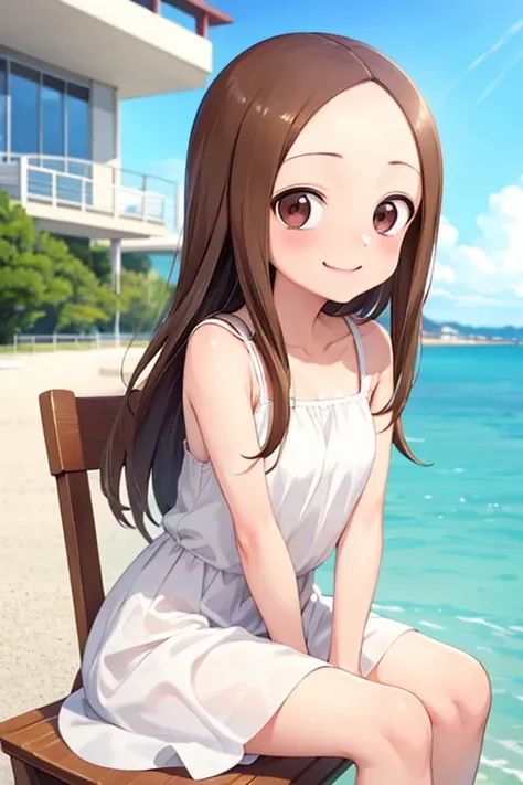 (takagi-san )
 upper body：white dress
lower body：
 subject size ：Girl
background ：seafront
time ：daytime
expression ： smile
Posture ： time to sit
Other ：