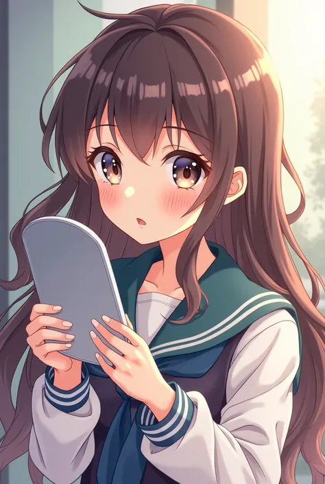 Anime Girl , Shining a mirror  ,  wearing school uniform , Long brown hair curled like her eyes .