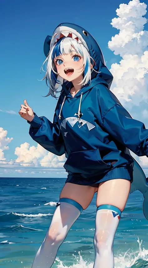 1girl, gawr gura \(hololive\), shark girl, blue eyes, white hair, blue hair, streaked hair, multicolored hair, blue hoodie, shark costume, shark hair ornament, sharp teeth, white thighhighs