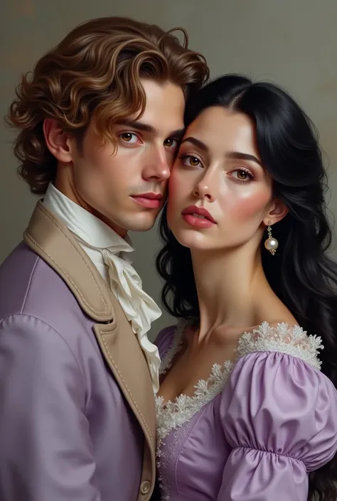 A 19th century couple the woman is very beautiful has black hair brown eyes honey white the man is beautiful has curly blonde hair honey eyes the color of the clothes is lilac 