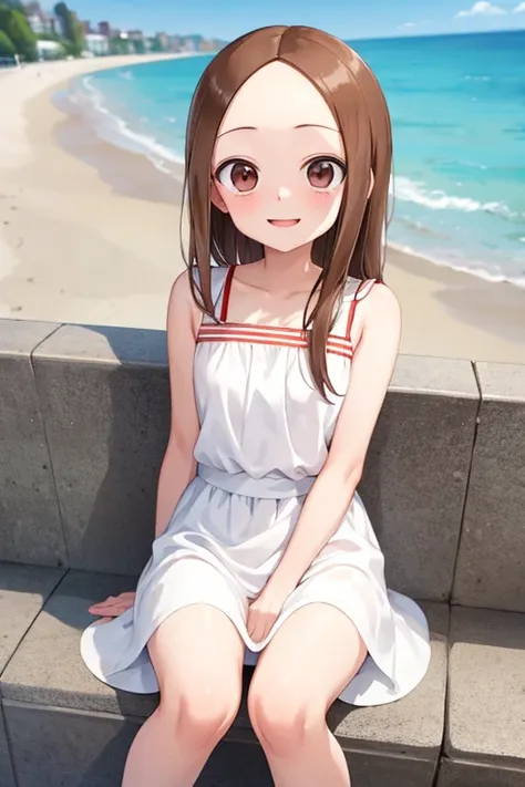 (takagi-san )
 upper body：white dress
lower body：
 subject size ：Girl
background ：seafront
time ：daytime
expression ： smile
Posture ： time to sit
Other ：