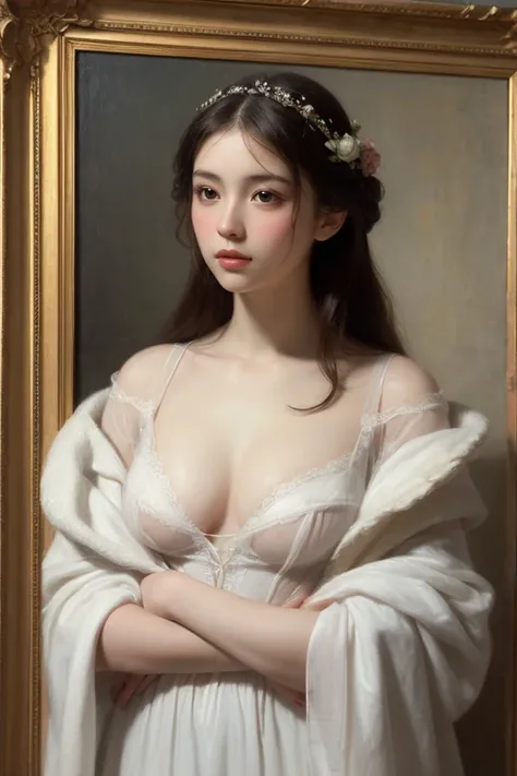 A painting in the style of Raphael,  A beautiful white woman in a transparent dress， full breasts .