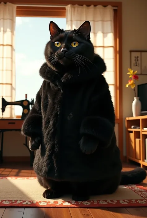 documentary photo, Photo-realistic, ultra-realistic, human-like giant black cat\(human-like giant black cat, little chubby, big, tall, taller than human, wearing a black winter long coat with fluffy fur\), the human-like black cat is standing like a human ...