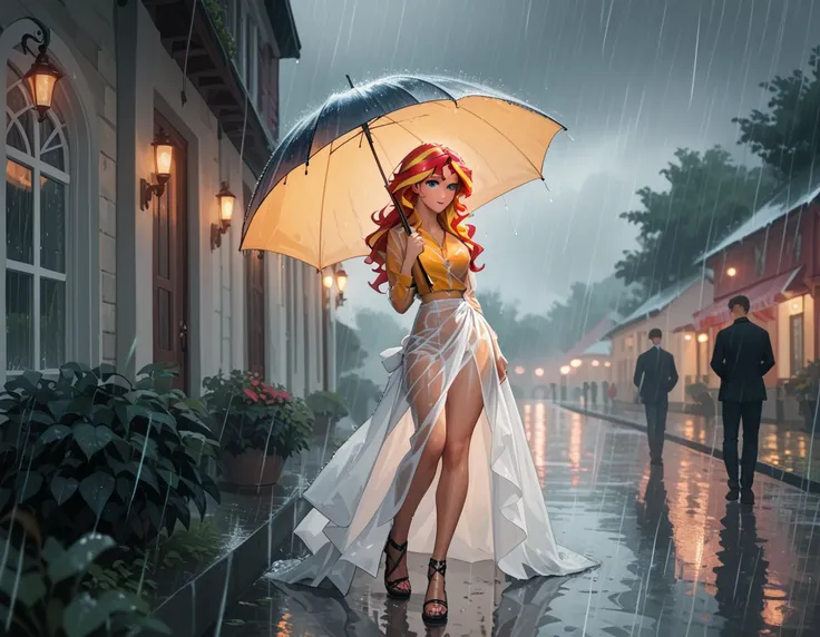 Sunset Shimmer wearing a see-through sarong in the rain, rain storm, downpour, lighting, thunder storm