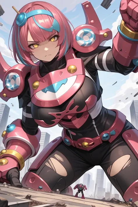 kamen rider gavv, armor, robot, mecha girl, anime girl form, short hair, pink hair, black body suit, torn shirt, super super big breasts, ubreasonable breasts, 3 color hair, short legs, big femoral, big eye, rush to hug viewer, giant, destroy the city, bot...