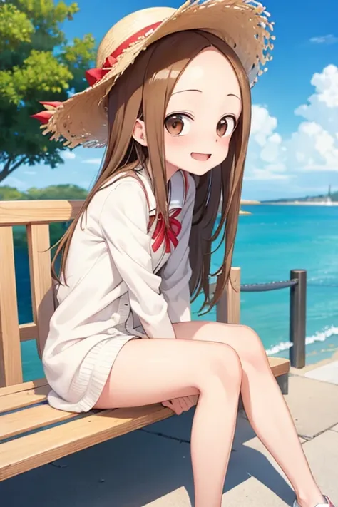 (takagi-san )
 upper body：white dress
lower body：Cardigan
Subject size：Girl
background ：seafront
time ：daytime
expression ： smile
Posture ： time to sit
Other ： Straw Hat